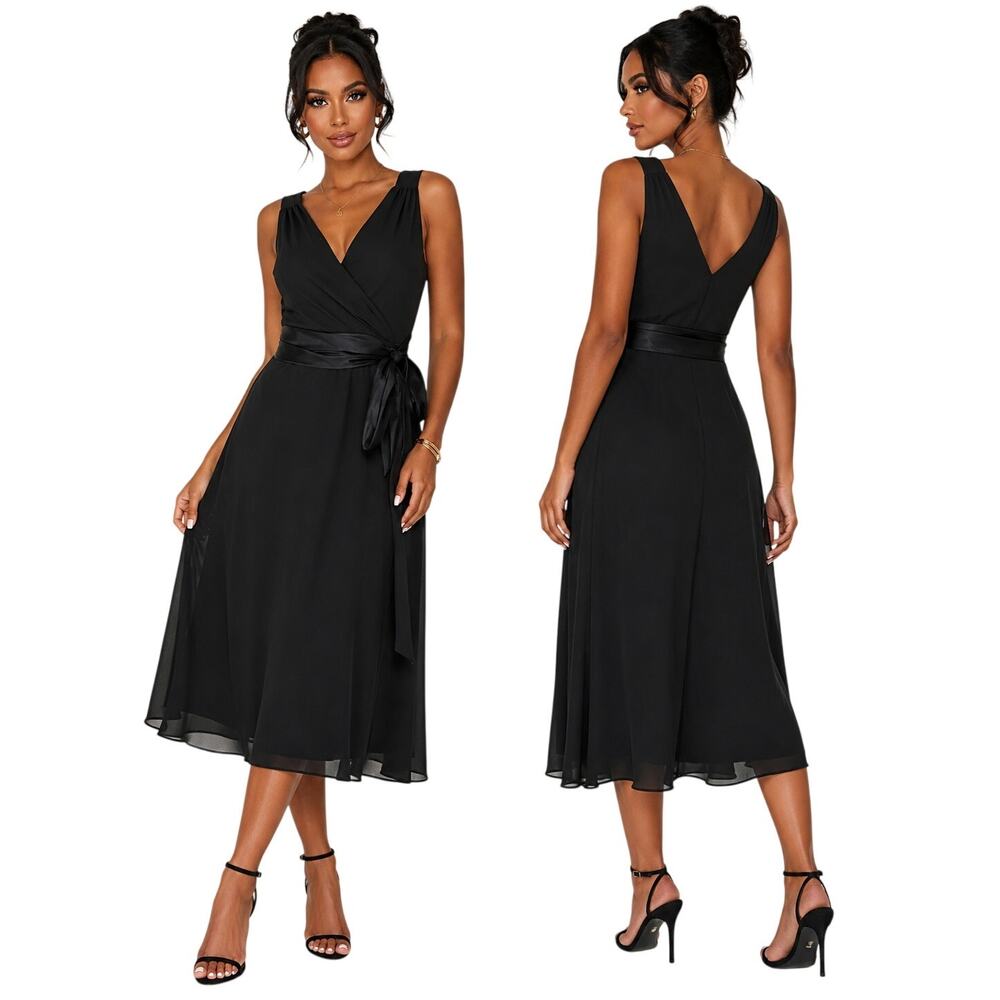 Evan Picone Black Sleeveless Wrap Midi Dress Size 14 Formal Evening